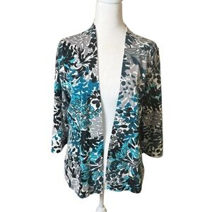 Christopher & Banks Womens Floral Open‎ Front Cardigan Medium Gray Blue Office